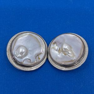 Fresh Water Coin Pearl Round Clip Silver Earrings